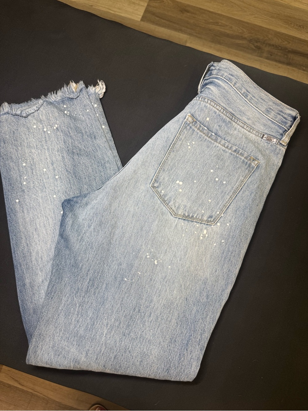KanCan Light Blue Straight Leg Jeans with Paint-Splatter and Raw Hem